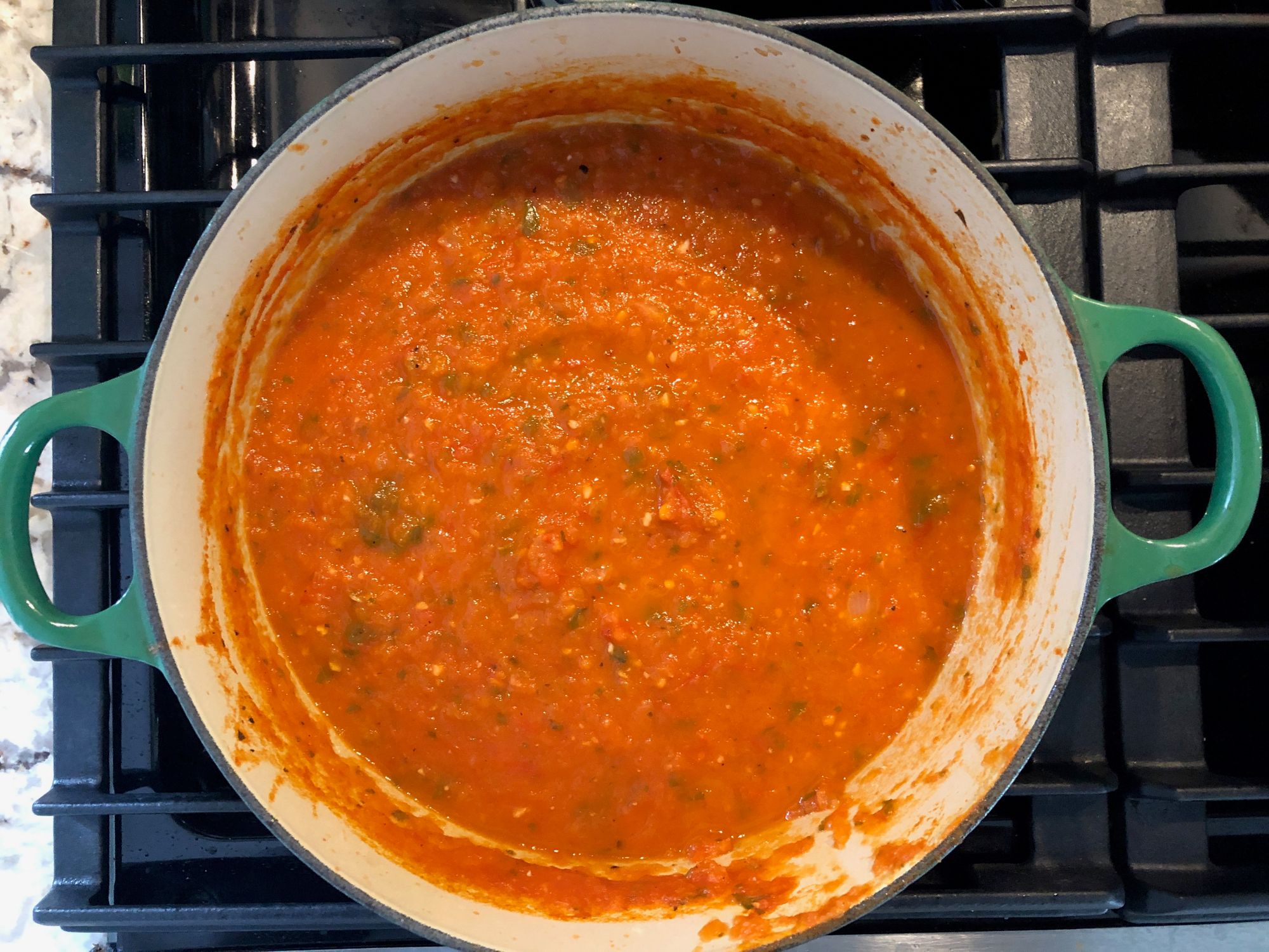 Finished fresh tomato sauce simmering in the pot