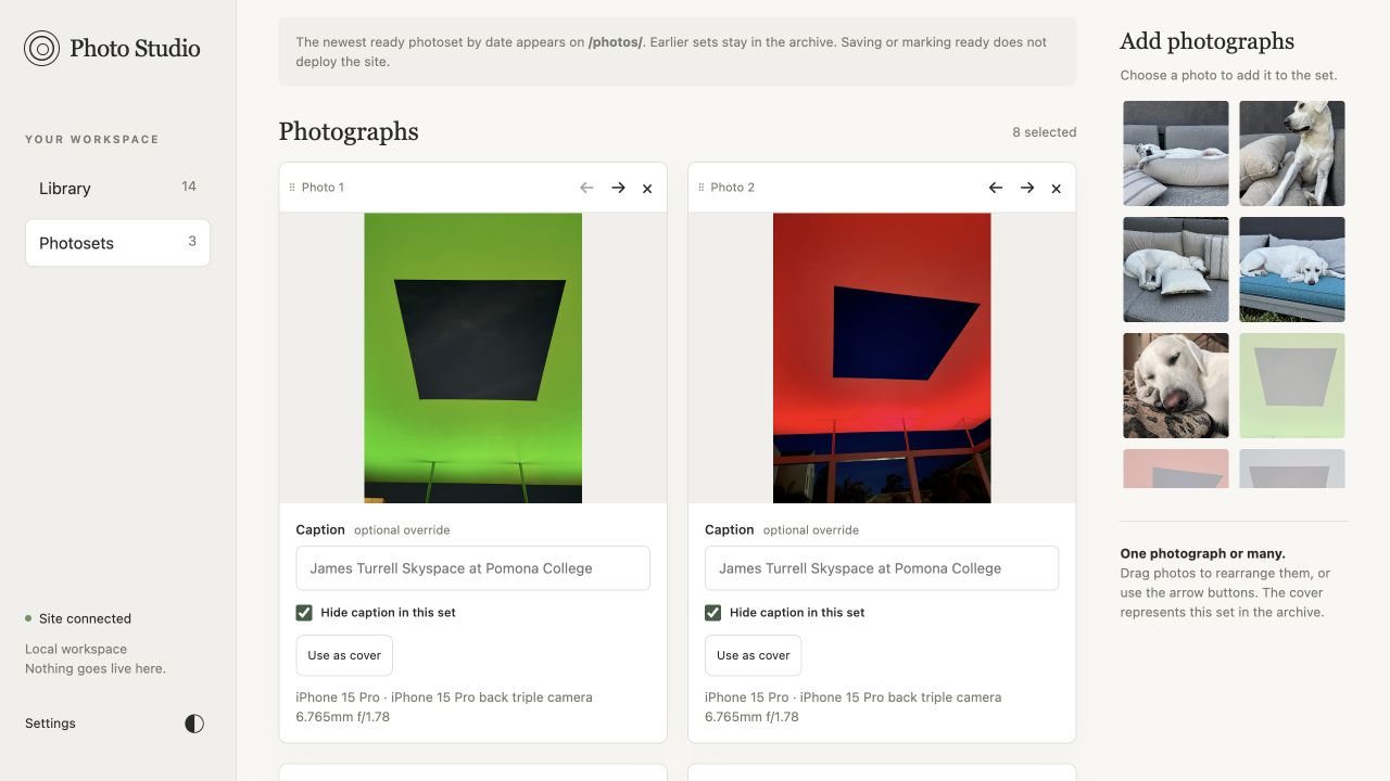 Photo Studio’s editor showing the James Turrell photoset, with photo ordering arrows, caption controls, and a library of images to add.
