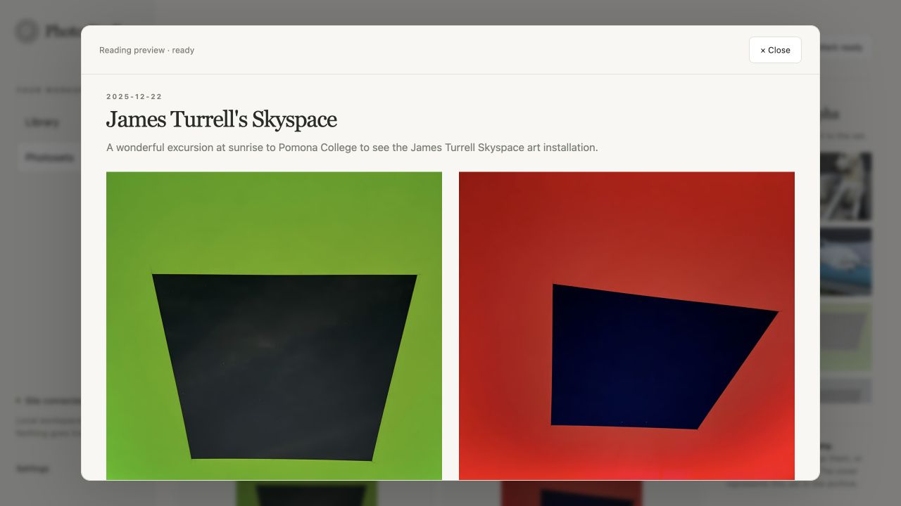 Photo Studio’s reading preview of James Turrell’s Skyspace, with a short introduction above two photographs of green and red light.
